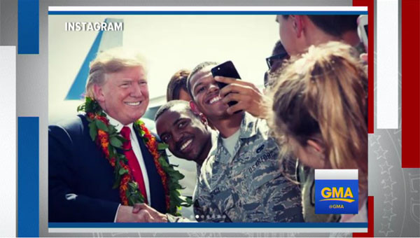 트럼프 美대통령과 셀카를 찍은 주일미군 장병들. ⓒ美ABC뉴스 관련보도 화면캡쳐.