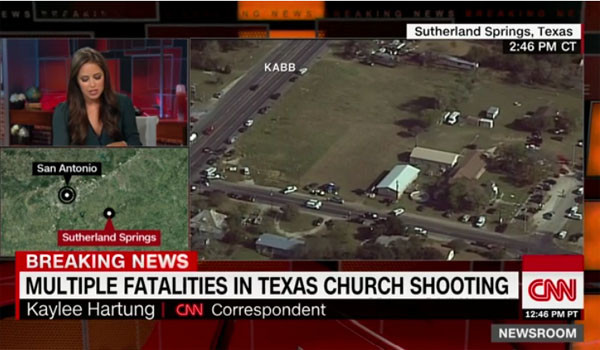 지난 5일 오전 11시 20분경(현지시간) 美텍사스州 서덜랜드 스프링 지역의 한 침례교회에서 총기난사 사건이 발생했다. ⓒ美CNN 관련보도 화면캡쳐.