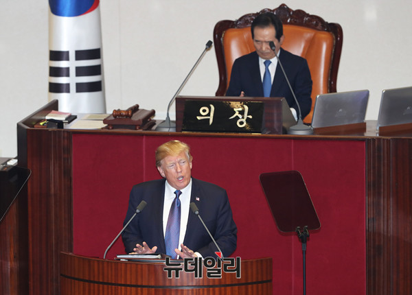 ▲ 국회에서 연설하는 트럼프 미 대통령. ⓒ뉴데일리 이종현 기자