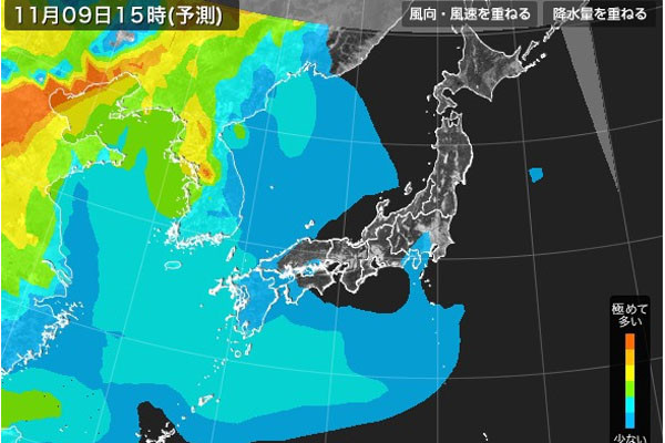 ▲ 오는 9일 오후 3시 한반도 주변 초미세먼지(P.M 2.5) 예보. 中공산당의 '건설공사·공장가동·바베큐 금지령'으로 며칠 동안은 중국발 스모그로부터 안전할 것으로 보인다. ⓒ日기상협회 홈페이지 예보 캡쳐.