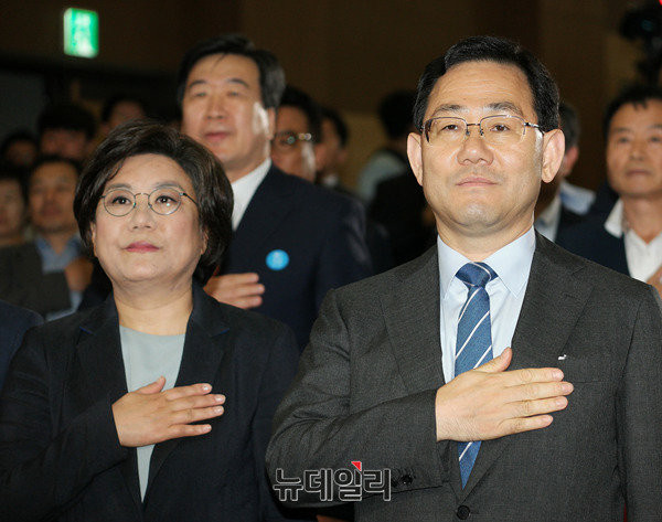 ▲ 이혜훈 전 대표의 사퇴 이후 대표권한대행을 맡게 된 바른정당 주호영 원내대표가 국기에 대한 경례를 하고 있는 모습. ⓒ뉴데일리 사진DB