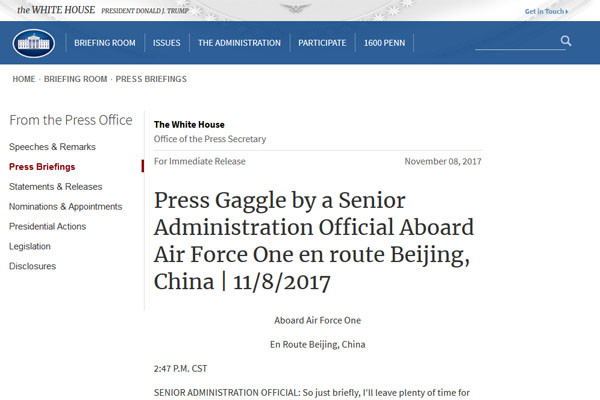 ▲ 美백악관은 북한을 테러지원국으로 재지정하는 문제를 트럼프 대통령의 동아시아 순방이 끝나는 내주 중에 결정할 것이라고 밝혔다. ⓒ美백악관 브리핑 자료화면 캡쳐.