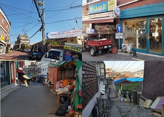 ▲ 우사산로 일대. 사진 윗줄 왼쪽부터 시계방향으로 △보광초등학교 후문에서 시작되는 우사단로 입구 △과거와 현재가 공존하는 우사단로 상점 △폐허로 남아있는 우사단로 인근 주택가 △텅빈 도깨비 시장. =이보배 기자