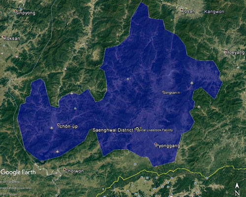 ▲ 북한이 김정은의 지시로 건설했다는 강원도 '세포축산지구'의 면적. 1억 5,000만 평에 달한다. ⓒRFA 보도화면-美SAIS 커티스 멜빈 연구원 제공.