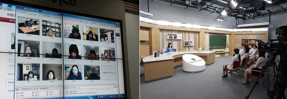 경희사이버대 대학원 온라인 화상 세미나 시스템(왼쪽), 서울사이버대 대학원 강의 모습.