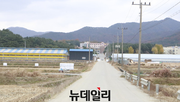 ▲ 충북 과학고 정문으로 들어가는 유일한 도로 양옆으로 축사시설이 우후죽순 들어서고 있다.ⓒ김종혁 기자