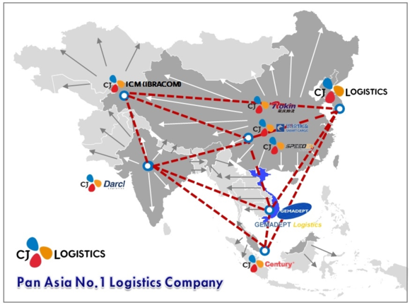 ▲ CJ대한통운 범아시아 물류벨트 '팬 아시아(Pan-asia)' 사업 계획도 ⓒ CJ대한통운