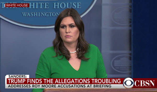 ▲ 지난 16일(현지시간) 정례브리핑을 하는 새라 허커비 샌더스 美백악관 대변인. ⓒ美CBS뉴스 중계방송 캡쳐.