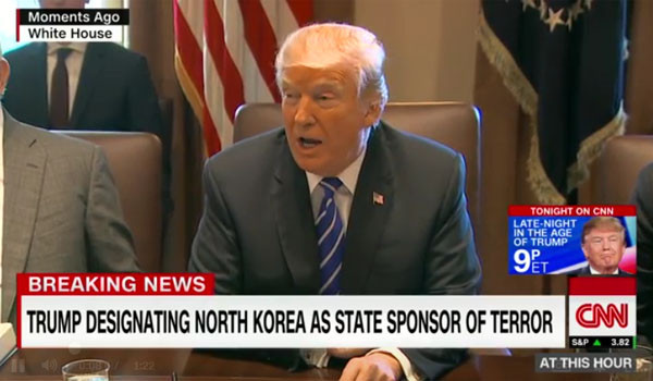 ▲ 도널드 트럼프 美대통령이 지난 20일(현지시간) 백악관에서 북한을 테러지원국으로 재지정한다고 밝히고 있다. ⓒ美CNN 관련속보 화면캡쳐.