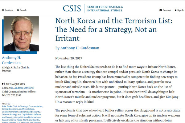 ▲ 美CSIS의 '알레이 버크 석좌'인 안소니 코드만은 지난 20일자 코멘터리에서 "북한을 상대할 때는 자극보다 전략이 필요하다"고 지적했다. 코드만의 코멘터리가 CSIS에 있는, 가장 최근의 북한 관련 글이었다. ⓒ美CSIS 관련화면 캡쳐.