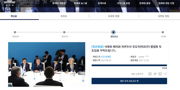 ▲ 지난 10월 30일 종료된 '낙태죄 폐지' 청와대 청원. ⓒ청와대 청원 게시판 캡쳐.