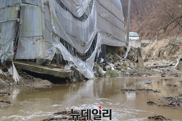 ▲ 못자리뱅크가 지난 7월 수해를 입고 하천으로 내려앉은 모습.ⓒ김종혁 기자