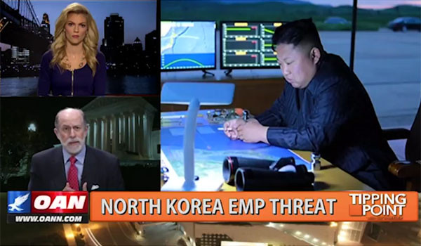 ▲ 지난 9월 북한이 6차 핵실험을 실시한 뒤 "美본토 상공에서 수소폭탄을 터뜨려 EMP 공격을 가할 수 있다"고 위협하자 미국 내에서는 EMP에 대한 관심이 크게 높아졌다. 사진은 美독립우파 언론이 EMP 공격 위협에 대해 보도하는 모습. ⓒ美원아메리카 뉴스 유튜브 채널 캡쳐.