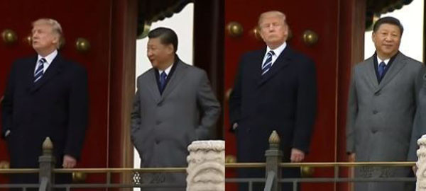 ▲ 지난 11월 8일 中자금성에서 포착된 모습. 트럼프 美대통령이 눈치를 주자 시진핑 中국가주석이 코트에 넣었던 손을 슬그머니 빼고 자세를 바로 잡는 모습이 포착돼 세계의 이목을 끌었다. ⓒ유튜브-온라인 커뮤니티 화면캡쳐.