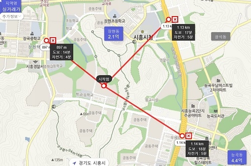 ▲ 트리플역세권이라기에 모아미래도를 기준으로 삼각구도로 설치 예정인 지하철역은 너무 멀다. 모아미래도(가운데)를 기점으로 왼쪽부터 시계방향으로 장곡역·시흥시청역·연성역 예정지. ⓒ아파트정보사이트
