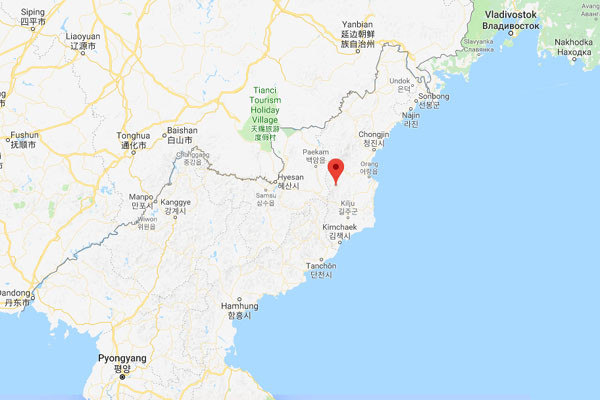▲ 지난 5일 오후 11시 40분 北함경북도 길주군에서 발생한 지진 진앙지 위치. ⓒ구글 맵 화면캡쳐.