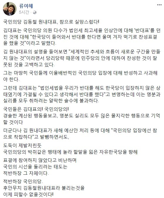 자유한국당 류여해 최고위원 페이스북 캡쳐.