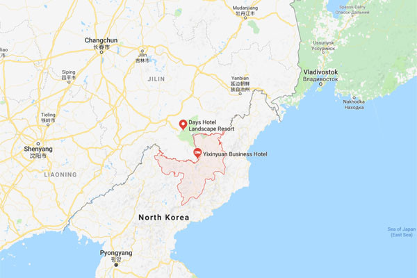 ▲ 홍콩 등의 중화권 매체들이 지난 7일 "中창바이현 정부가 한반도 전쟁에 대비, 난민수용소 5곳을 건설할 계획을 세웠다"고 일제히 보도했다. 사진은 中정부가 난민수용소를 세우려는 지역과 국경을 맞댄 北양강도의 위치. ⓒ구글 맵 화면캡쳐.