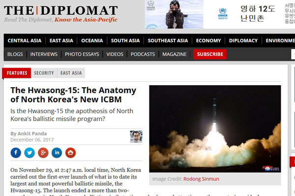 ▲ 美외교전문지 '더 디플로맷'은 지난 6일(현지시간) 美정부 소식통을 인용해 "美정보기관들은 북한이 '화성-15형'을 쏘기 사흘 전부터 감시하고 있었다"고 보도했다. ⓒ美'더 디플로맷' 관련보도 화면캡쳐.