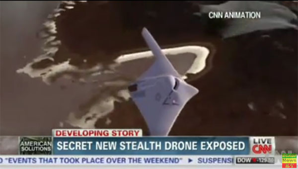 2013년 12월 美CNN은 "미확인 스텔스 무인정찰기를 포착했다"고 보도했다. 당시 RQ-180이라는 추측이 많았다. ⓒ美CNN 2013년 12월 당시 보도화면 유튜브 캡쳐.