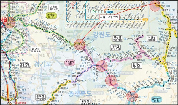 ▲ 중앙선 및 서울~강릉 KTX위치도.ⓒ충북도