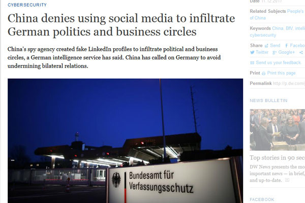 ▲ 독일 정보기관 BfV는 지난 11일 "中스파이들이 SNS를 통해 독일 정치인들의 기밀을 수집하고 있다"고 경고했다. 그러나 中공산당은 "그런 적 없다"며 관련 사실을 부인했다고 한다. ⓒ독일 '도이체벨레(DW) 보도화면 캡쳐.