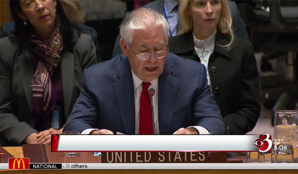 ▲ 15일 열린 유엔 안보리 북핵대응 장관회의에서 발언하는 렉스 틸러슨 美국무장관. ⓒ美CBS뉴스 관련보도 화면캡쳐.