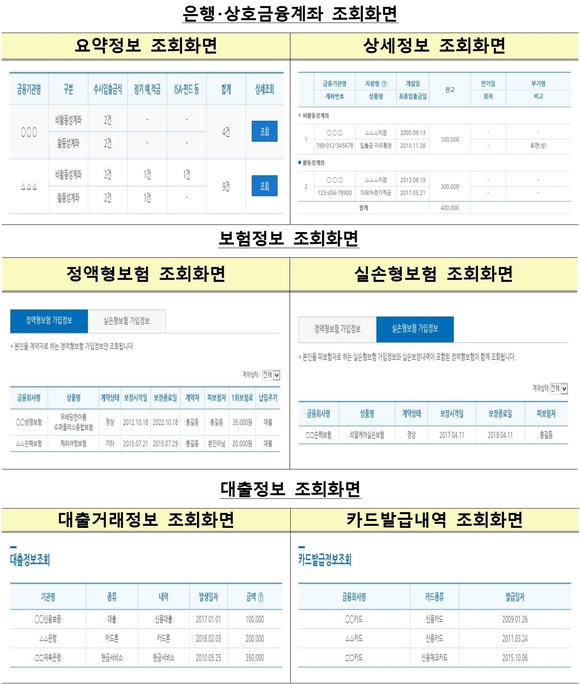 ▲ '내 계좌 한눈에' 서비스에서 확인 가능한 금융정보.ⓒ금융감독원