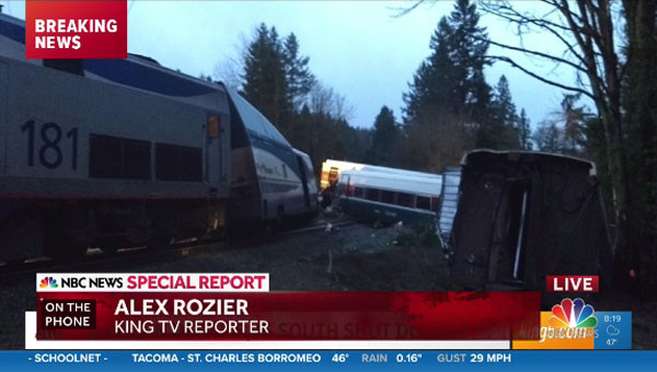 ▲ 美서부 워싱턴州에서 통근열차가 탈선, 최소 3명이 숨지고 수십여 명이 부상을 입었다고 한다. ⓒ美NBC뉴스 관련속보 화면캡쳐.