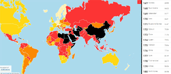 ▲ RSF가 공개한 '2017 세계 언론 자유도 지도'의 최하위권 명단. 색깔이 짙을 수록 언론의 자유가 없는 나라다. '꼴지' 북한과 그 동맹국들이 주로 최하위를 차지하고 있었다. ⓒRSF 관련 보고서 홈페이지 캡쳐.