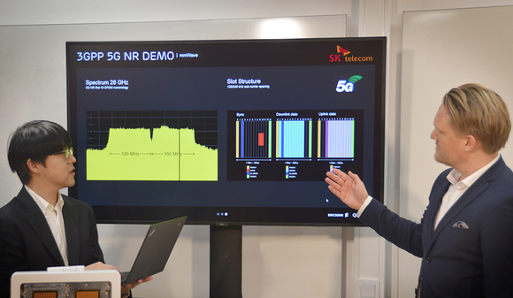 ▲ SK텔레콤과 에릭슨 연구원들이 스웨덴 스톡홀름 에릭슨 본사에서 5G 표준 규격 기반 기지국, 단말 등을 활용해 5G 초고속 데이터 통신, 반응속도 0.001초 이내 초저지연 데이터 전송 등 핵심 기술을 시연하고 있는 모습.ⓒSK텔레콤
