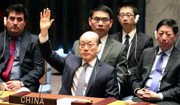 ▲ 유엔 안보리 회의에 참석한 中대사. ⓒ美워싱턴 익재마이너의 대북제재 관련보도 화면캡쳐.
