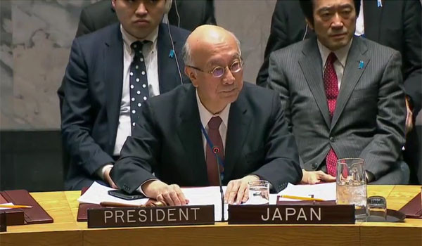 ▲ 22일 오후 1시 33분(현지시간) 유엔 안보리 12월 의장국인 일본의 벳쇼 고로 대사가 유엔 안보리의 새 대북제재가 만장일치로 채택됐다고 밝히고 있다. ⓒ美국무부 유튜브 채널 캡쳐.