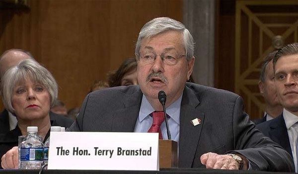 ▲ 테리 브랜스테드 주중 美대사의 상원 인준 청문회 당시 모습. 미시건 주지사 출신으로 트럼프 美대통령과도 친하다. ⓒ英로이터TV 관련보도 화면캡쳐.