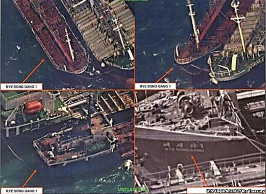 ▲ 北예성강 호가 중국 상선으로 물건을 옮겨 싣는 장면을 찍은 위성사진. ⓒVOA 보도-美재무성 공개사진.