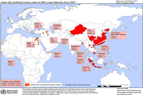 세계보건기구(WHO)가 2011년 3월에 집계해 발표한 H5N1 조류독감 발병 누계. 북한은 이 H5N1 조류독감을 생물학 무기로 개발했다. ⓒWHO 홈페이지 캡쳐.