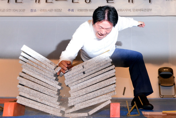 ▲ 국민의당 이동섭 중앙당선거관리위원장이 지난 9월 1일 국회도서관 대강당에서 열린 국회의원태권도연맹 발대식에서 대리석 15장 격파시범을 보이고 있다. ⓒ뉴시스 사진DB