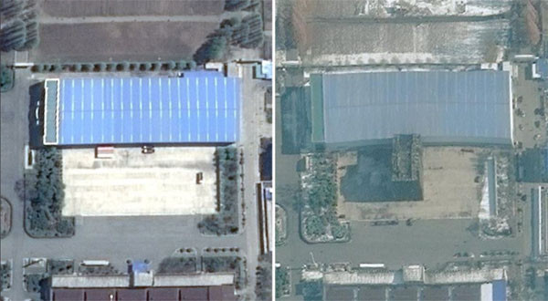북한이 2017년 11월 29일 '화성-15형'을 발사하기 전 탄도미사일 조립 공장을 한 달도 채 되지 않는 기간에 지었다고 한다. 왼쪽은 2017년 4월 평성 '3월 16일 자동차 공장'을 찍은 위성사진, 오른쪽은 2017년 11월 21일 같은 곳을 찍은 사진이다. ⓒ美VOA 관련보도 화면캡쳐-美디지털 글로브 촬영.