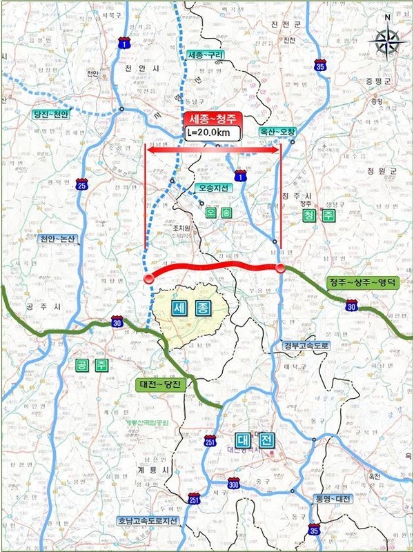 ▲ 2030년 개통되는 세종 연기~충북 청주 남이 고속도로 노선도.ⓒ세종시