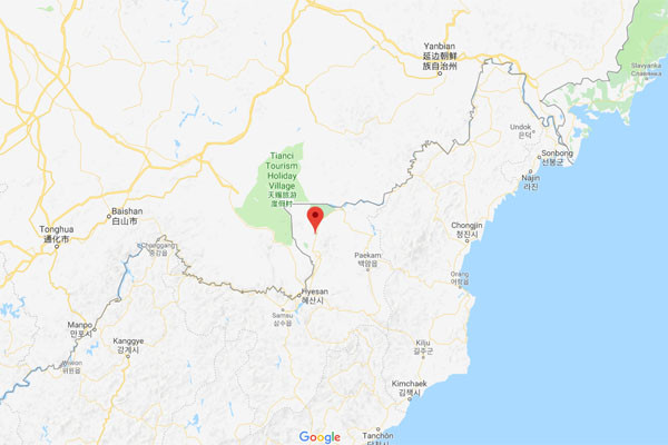 ▲ 북한 양걍도 삼지연군의 위치. ⓒ구글 맵