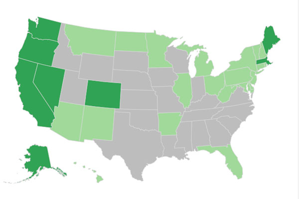 미국 내에는 '대마초'가 합법인 주가 여럿 있다. 그러나 이는 미국인에게만 허용되는 사항이다. 사진은 미국 내에서 '대마초'를 허용하는 주. 짙은 녹색은 '기호용'도 허용, 옅은 녹색은 '의료용'만 허용하는 지역이다. ⓒ美대마초 합법화 운동단체 홈페이지 캡쳐.