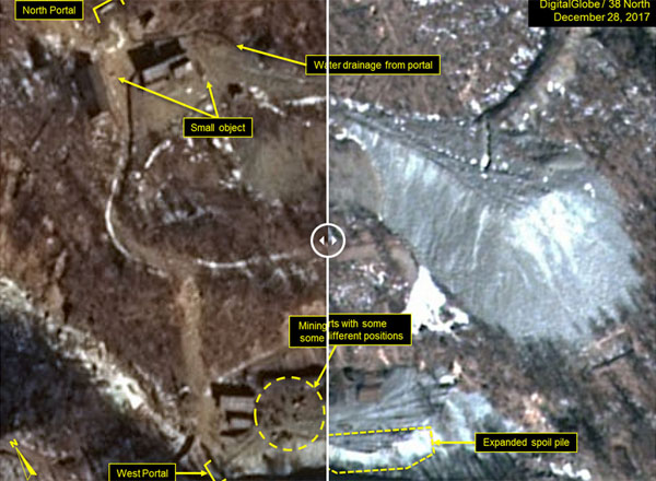 2017년 12월 북한 풍계리 핵실험장 일대에서 묘한 움직임이 포착됐다고 한다. 사진은 풍계리 핵실험장 서쪽 갱도의 변화. ⓒ美38노스 관련보도 화면캡쳐-美디지털 글로브.