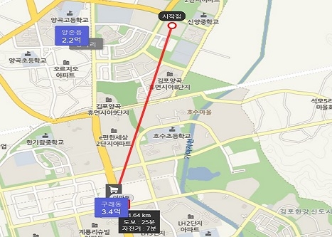 ▲ 한강 금호어울림에서 내년 개통 예정인 구래역까지 도보로 25분이 소요된다. ⓒ분양정보사이트