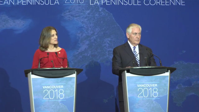 ▲ 크리스티아 프리랜드 캐나다 외무장관과 렉스 틸러슨 美국무장관. 이번 캐나다 밴쿠버 외교장관 회의의 공동 의장이다. ⓒ캐나다 외무부 페이스북 중계 영상 캡쳐.