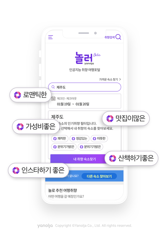 ▲ AI 기반 여행·숙박 추천·검색 플랫폼 '놀러'. ⓒ야놀자