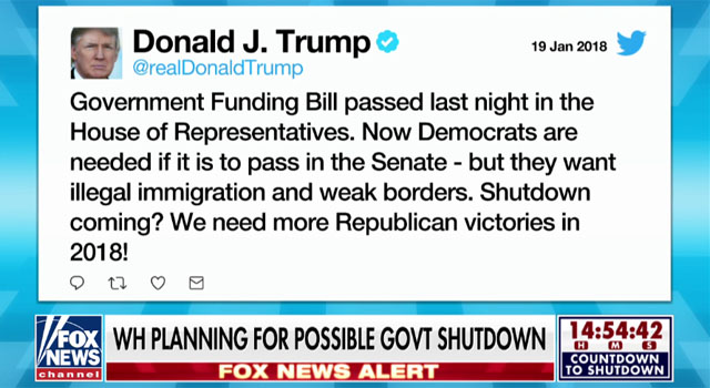▲ 美연방정부 셧다운 전 도널드 트럼프 美대통령이 올린 트윗. ⓒ美폭스 뉴스 관련보도 화면캡쳐.