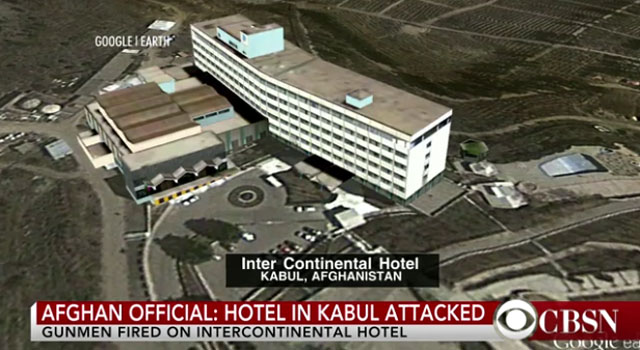 ▲ 아프가니스탄 수도 카불에 있는 인터컨티넨탈 호텔에 무장괴한이 침입, 민간인을 살해한 뒤 호텔을 점거하다 모두 사살됐다고 한다. ⓒ美CBS 관련보도 화면캡쳐-구글 어스.