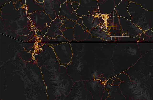 '글로벌 히트 맵'으로 본 美애리조나州 시에라 비스타市 인근. 이 근처에 美육군 정보보안사령부(INSCOM) 기지가 있다. ⓒ美글로벌 히트 맵 화면캡쳐.