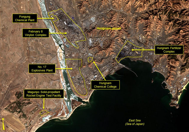 함경남도 흥남시의 화학공업단지 지도. 여기에 북한의 탄도미사일용 고체연료 생산 공장이 있다. ⓒ美38노스 공개사진-CNES 제공