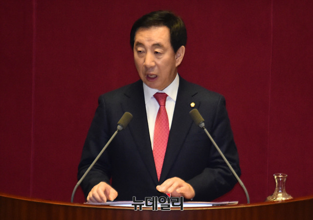 ▲ 1일 국회에서 교섭단체 대표연설을 하고 있는 자유한국당 김성태
 원내대표. ⓒ뉴데일리 이종현 기자